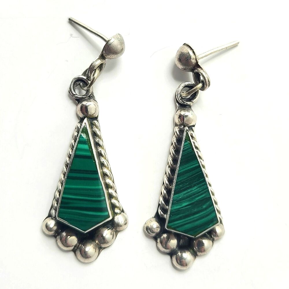 925 Sterling Silver Malachite Earrings Dangle Drop Gemstone Inlay Southwestern